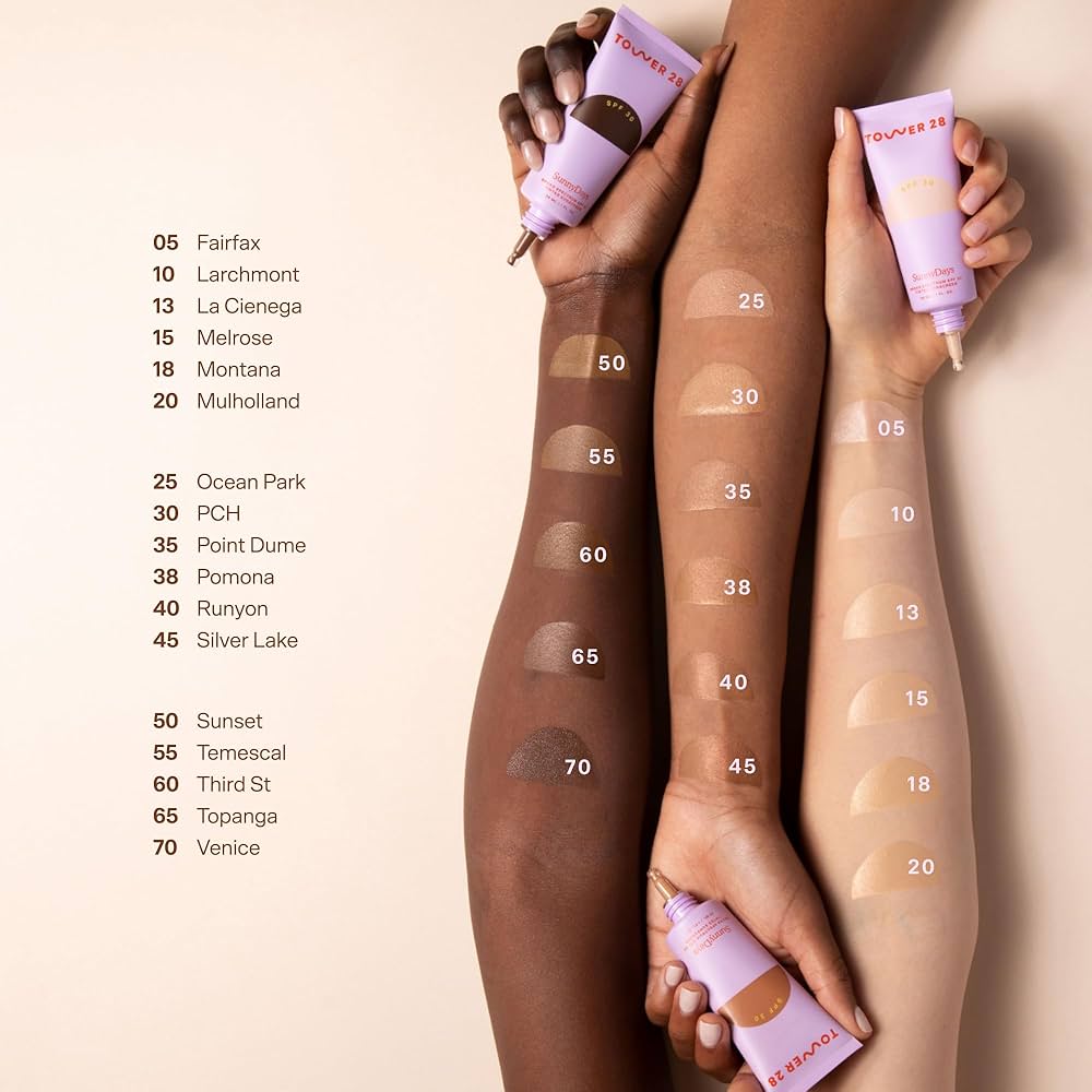 Tower 28 SunnyDays lightweight tinted moisturizer with aloe, product and arm swatches for calming mature sensitive skin