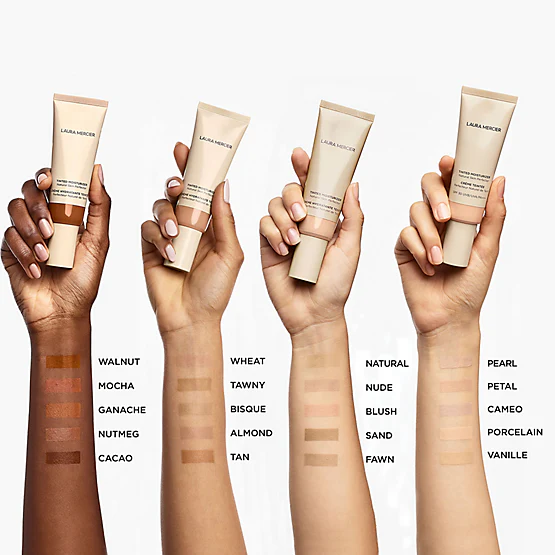 Laura Mercier tinted moisturizer bottle with natural finish swatches, great for dewy glow on dry mature skin in 2025