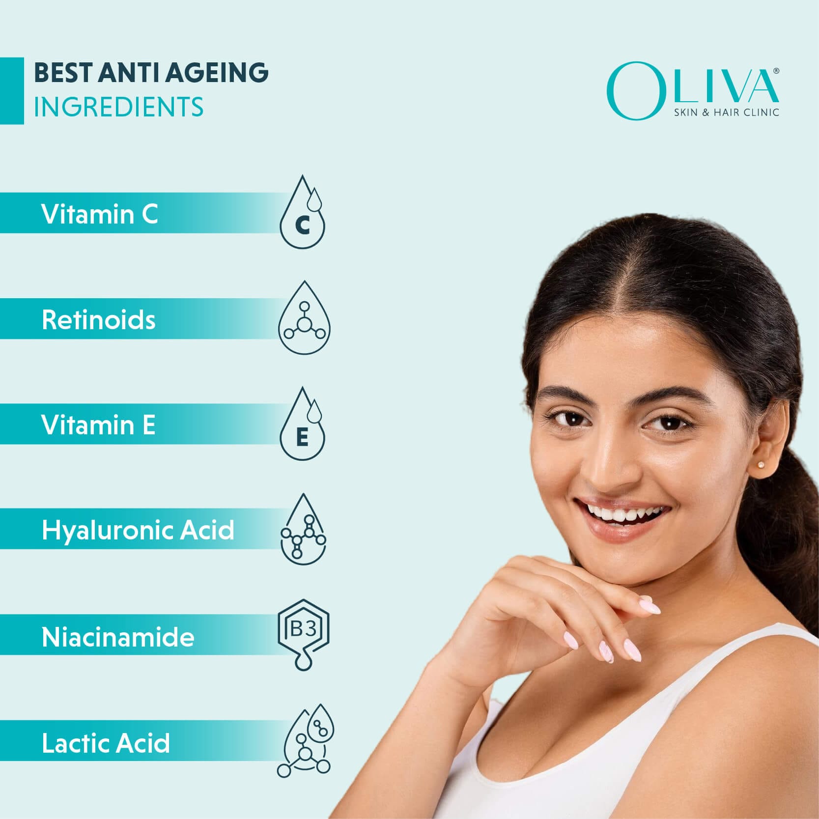 A smiling woman with clear skin stands beside a list titled Best Skincare Ingredients for mature skin, featuring Vitamin C, Retinoids, Vitamin E, Hyaluronic Acid, Niacinamide, and Lactic Acid. The Oliva Skin & Hair Clinic logo is at the top right.