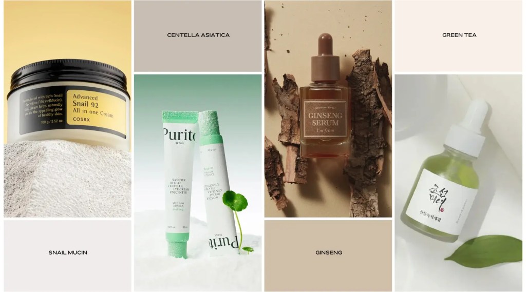 A collage of Korean skincare products, ideal skincare ingredients for mature skin, featuring snail mucin, centella asiatica, ginseng serum, and green tea extract, displayed with their ingredients and minimalist backgrounds.