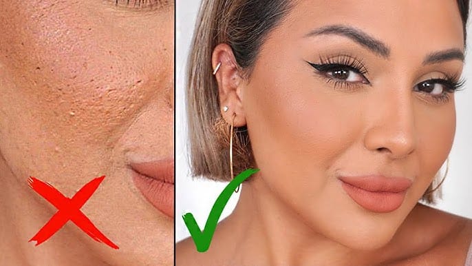 A split image shows textured, uneven skin on the left with a red X and smooth, flawless makeup on the right with a green checkmark. The person has short, light brown hair and is wearing winged eyeliner and nude lipstick.
