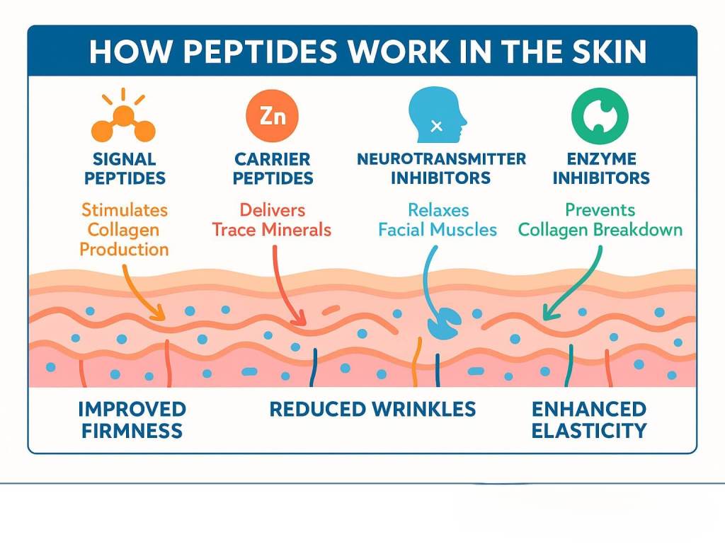 Infographic titled How Peptides Work in the Skin highlights four Skincare Ingredients for mature skin: signal, carrier, neurotransmitter inhibitors, and enzyme inhibitors—each promoting firmness, reducing wrinkles, and enhancing elasticity.