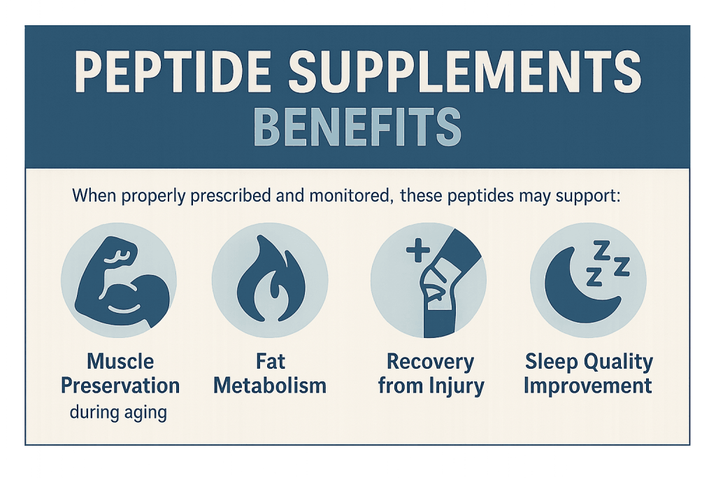 Infographic titled Peptide Supplements Benefits with icons and text highlighting muscle preservation, fat metabolism, recovery from injury, sleep quality improvement, and their role as key skincare ingredients every woman over 50 should consider.