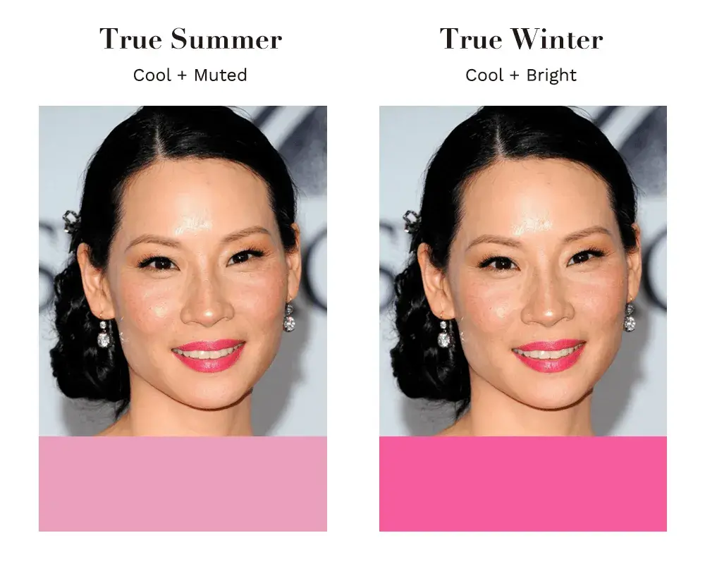 Side-by-side photos of the same woman labeled True Summer: Cool + Muted and True Winter: Cool + Bright, each with different shades of pink under her face to illustrate seasonal color palettes.
