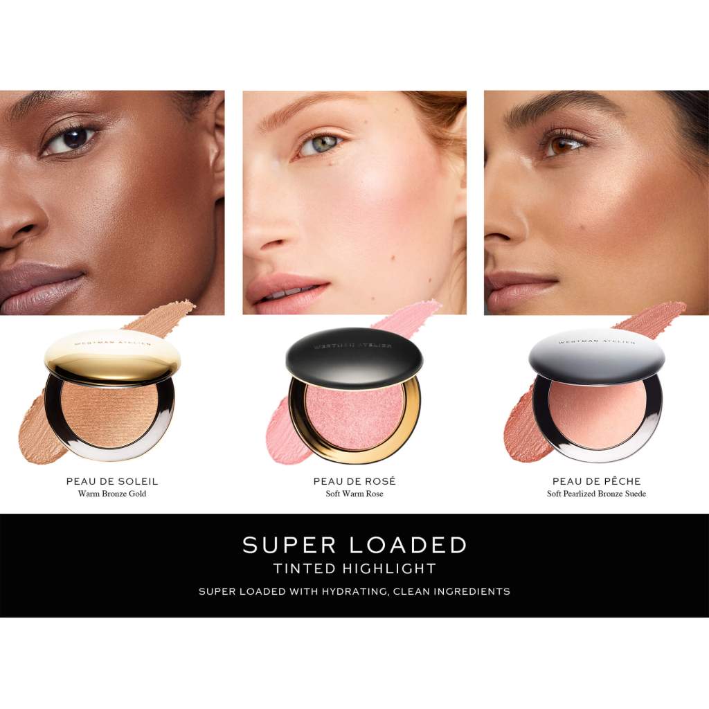 Three close-up photos show models with highlighted cheeks, each paired with an open compact and a smear of highlighter: gold, pink, and peach shades. Text below describes them as hydrating, clean tinted highlights.