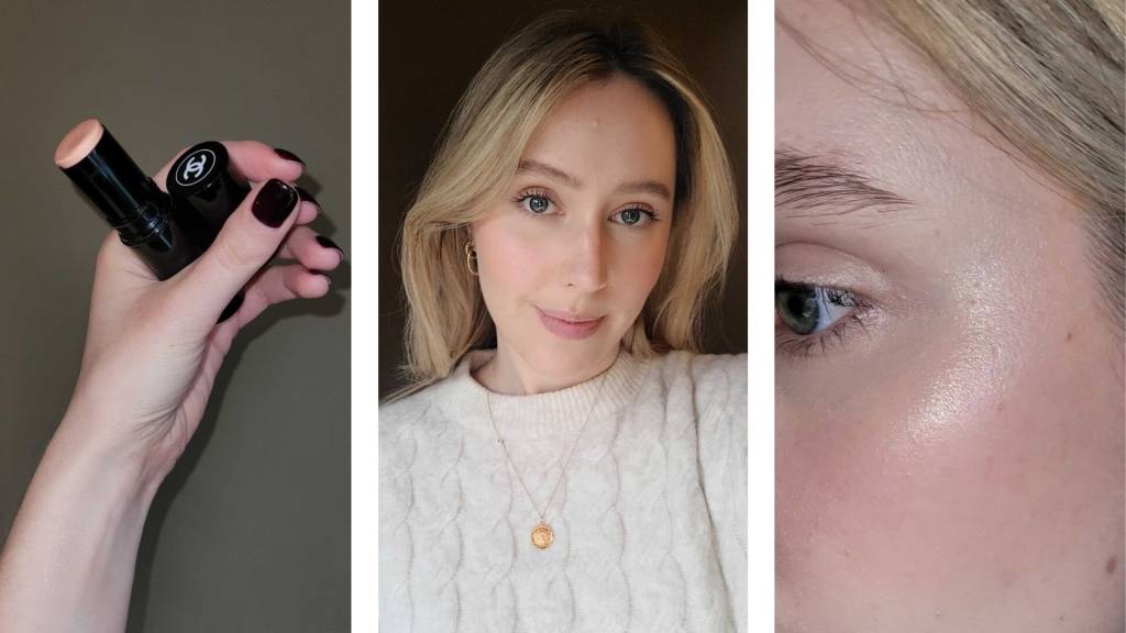 Chanel Baume Essentiel held in hand with swatch, plus close-up of natural dewy glow on mature skin.