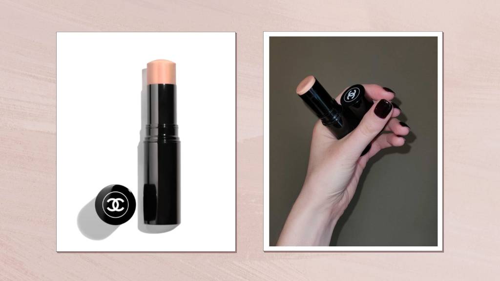 Side-by-side images of Chanel Baume Essentiel and hand swatch showing creamy luminous texture.