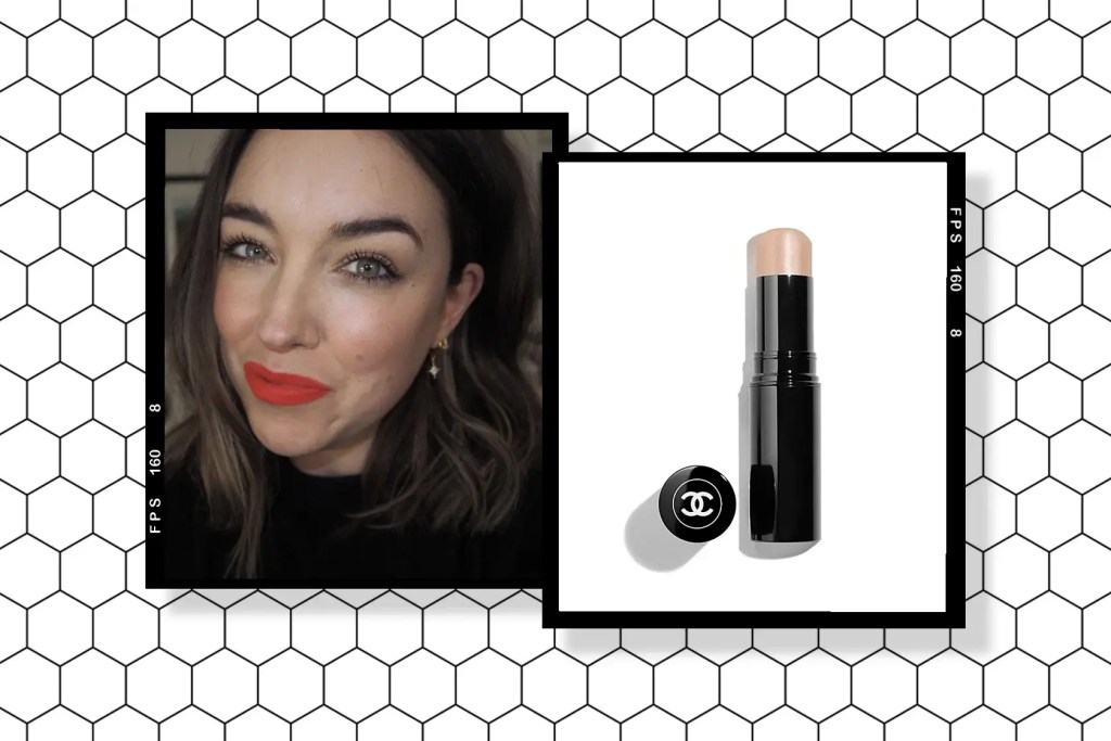 Chanel Baume Essentiel glow stick next to a hand swatch showing glossy, sheer highlight.