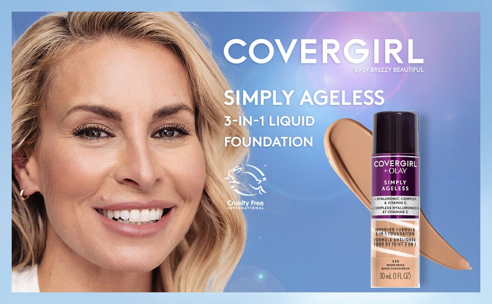 CoverGirl + Olay Simply Ageless 3-in-1 Foundation with a beautiful girl smiling