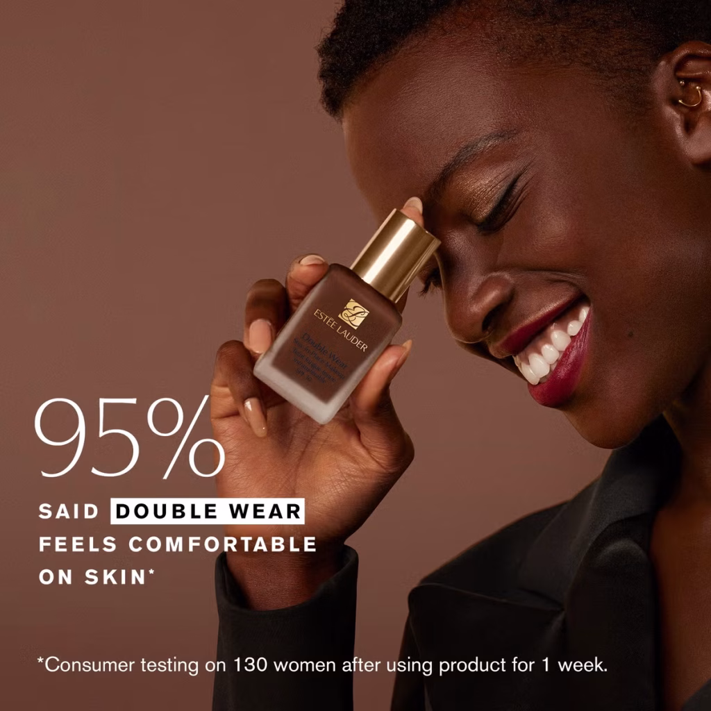 Woman applying foundation with text highlighting that 95 percent of users reported improved skin appearance.