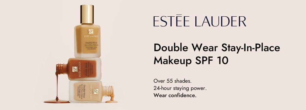 Estée Lauder Double Wear Stay-in-Place Makeup SPF 10 promotional banner highlighting long-lasting wear.