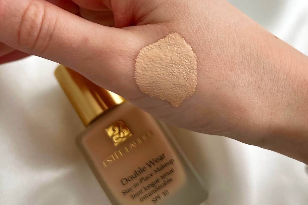 Foundation texture swatch applied on skin, showing coverage and matte finish for long wear.