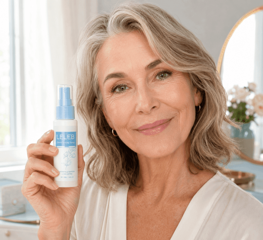 Woman over 50 holding LELEB Dewy Setting Spray for dry mature skin
