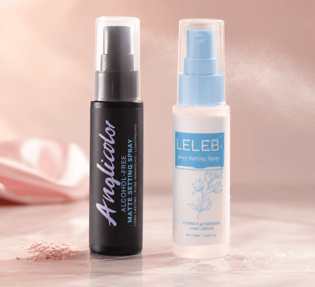 Anglicolor matte and LELEB dewy setting sprays for mature skin.