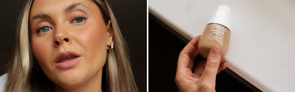 Side by side pic of woman and Clinique foundation