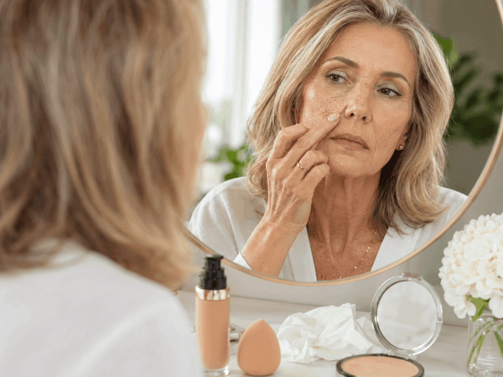 close-up vanity/mirror scene showing patchy base around the nose/cheeks, still tasteful and realistic.