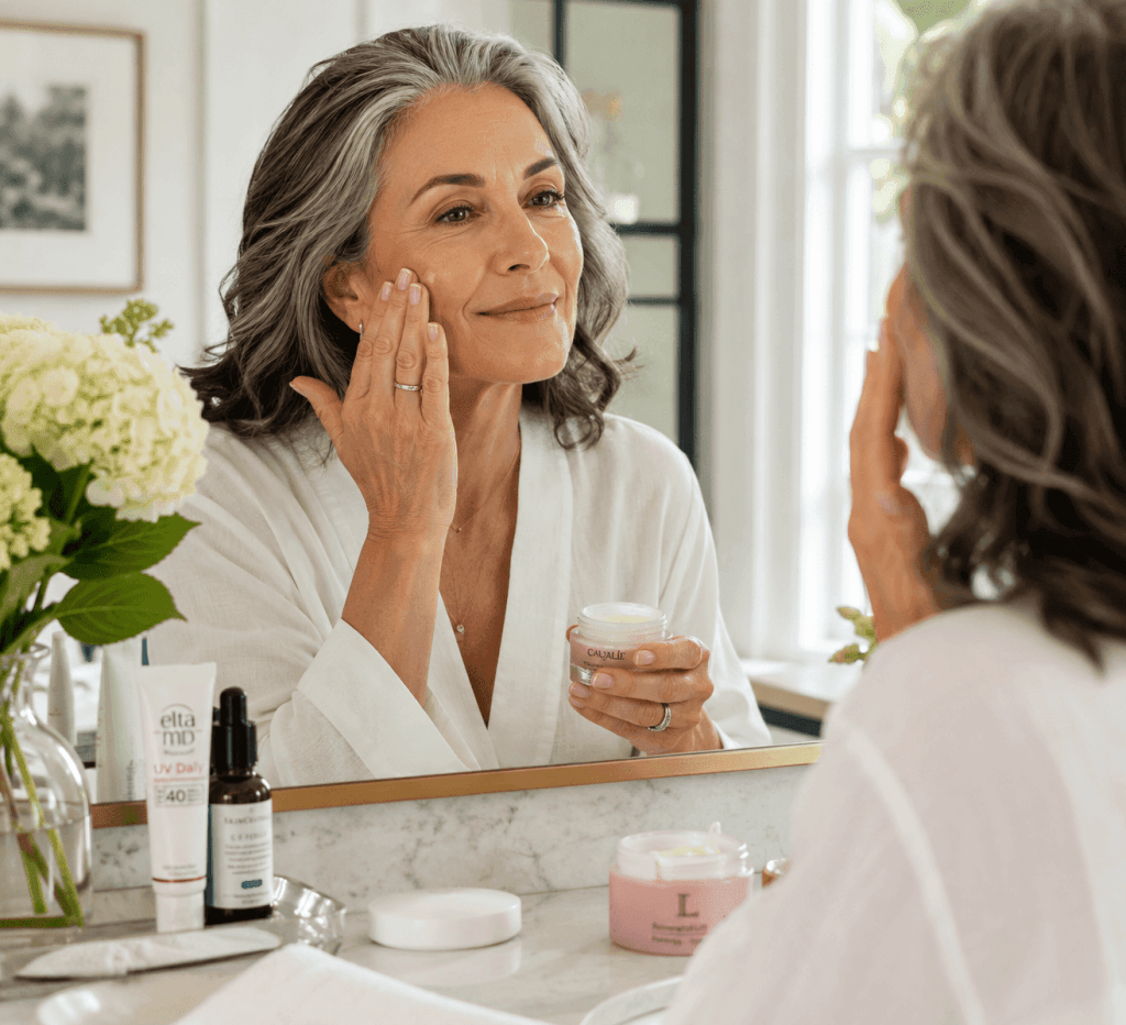 clean skincare prep scene with moisturizer, sunscreen, and mature woman preparing skin.