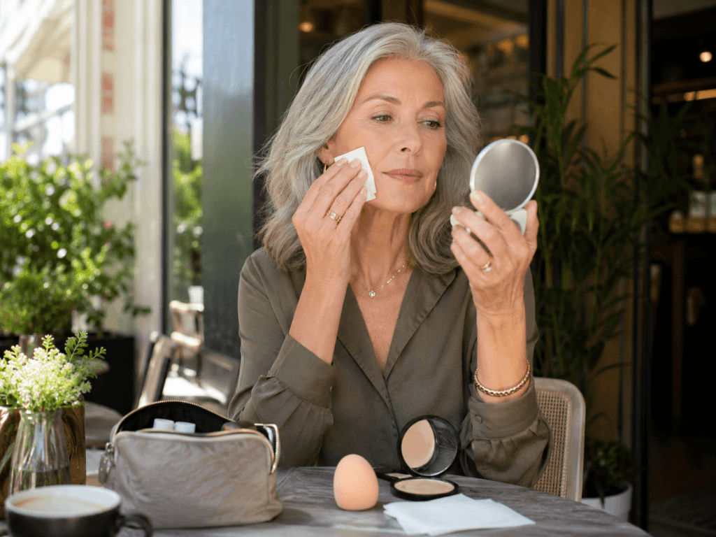 purse/touch-up scene with blotting tissue, sponge, powder, and mirror, different environment from bathroom.