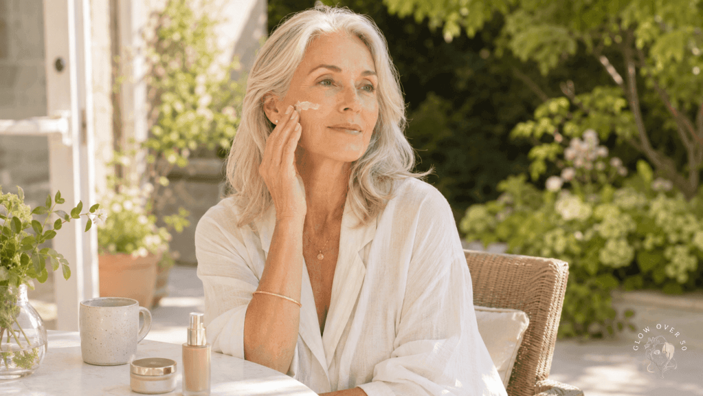 Mature woman applying makeup outside in the sun