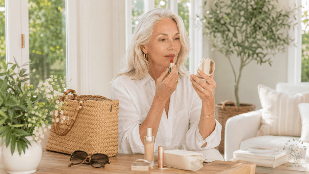 Mature woman applying lipstick