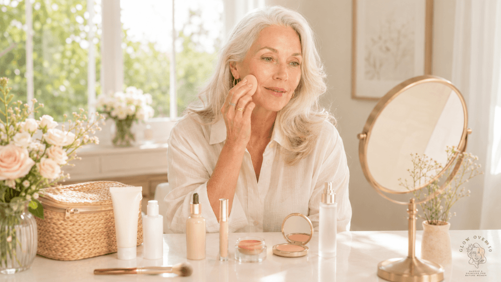 Mature woman applying makeup in a mirror