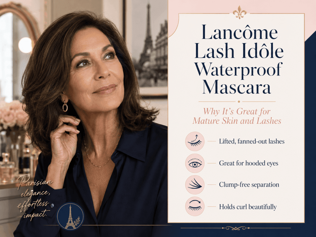 Elegant mature woman showing lifted lashes with Lancôme Lash Idôle Waterproof Mascara benefits