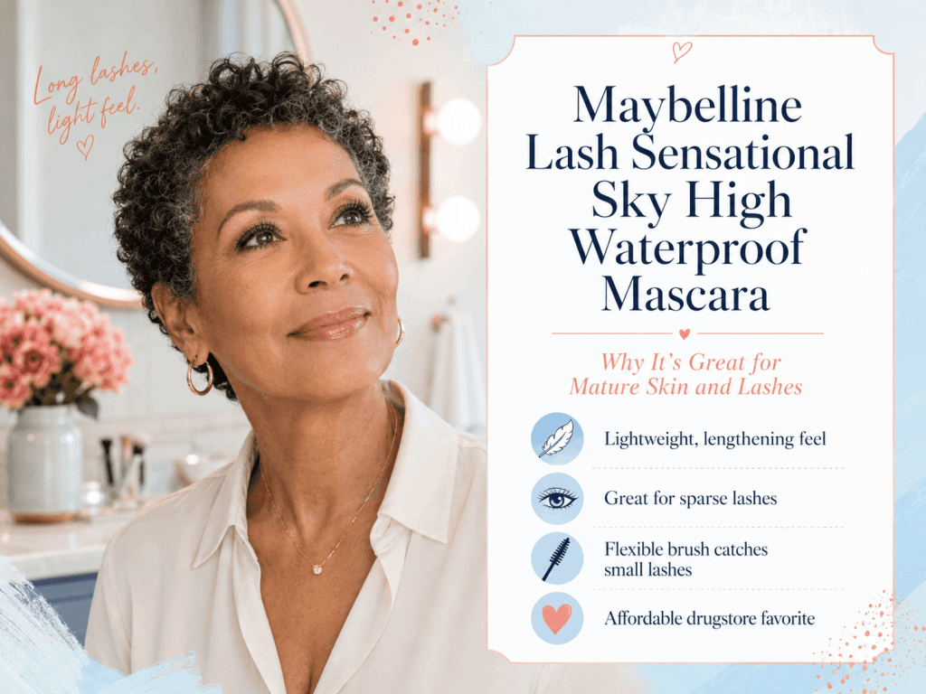 Woman over 50 with long defined lashes beside Maybelline Sky High Waterproof Mascara benefits