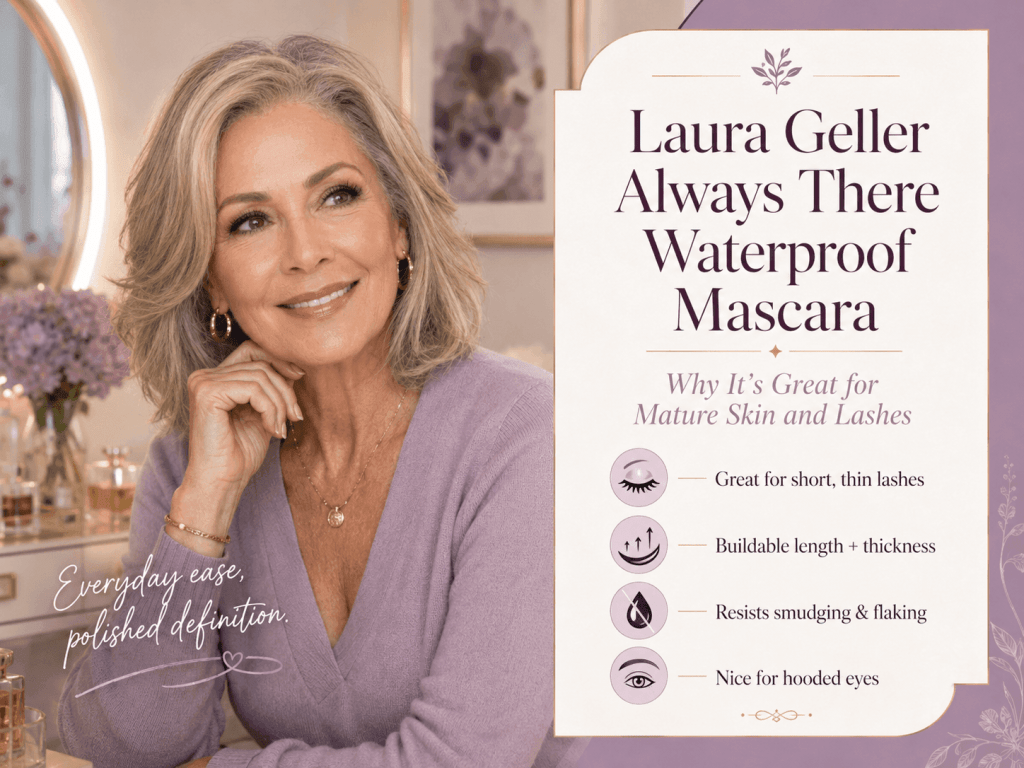 Mature woman with polished lashes beside Laura Geller Always There Waterproof Mascara benefits