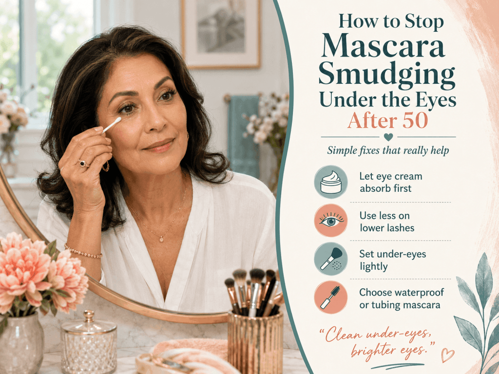 Woman over 50 gently fixing under-eye mascara smudging with simple mature eye makeup tips