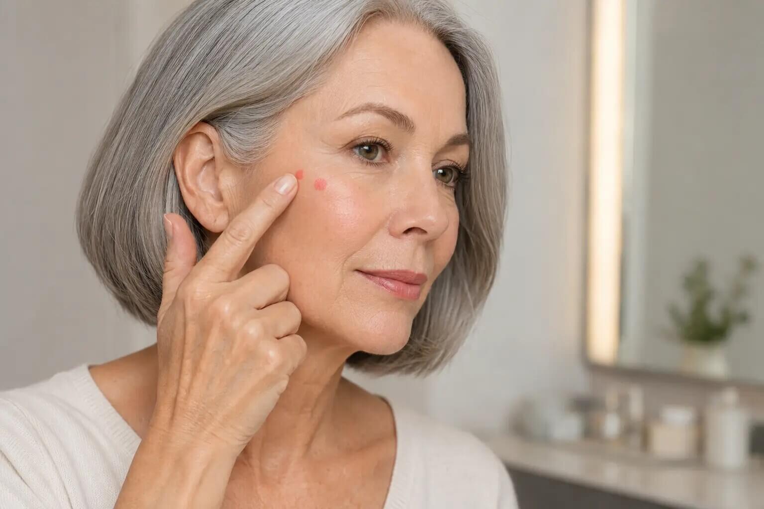 A mature woman placing small dots of cream blush high on the cheekbone