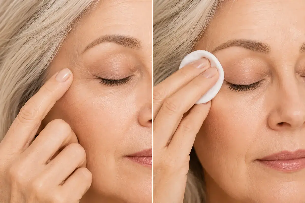Close-up showing light eyelid preparation and gentle blotting before eyeliner
