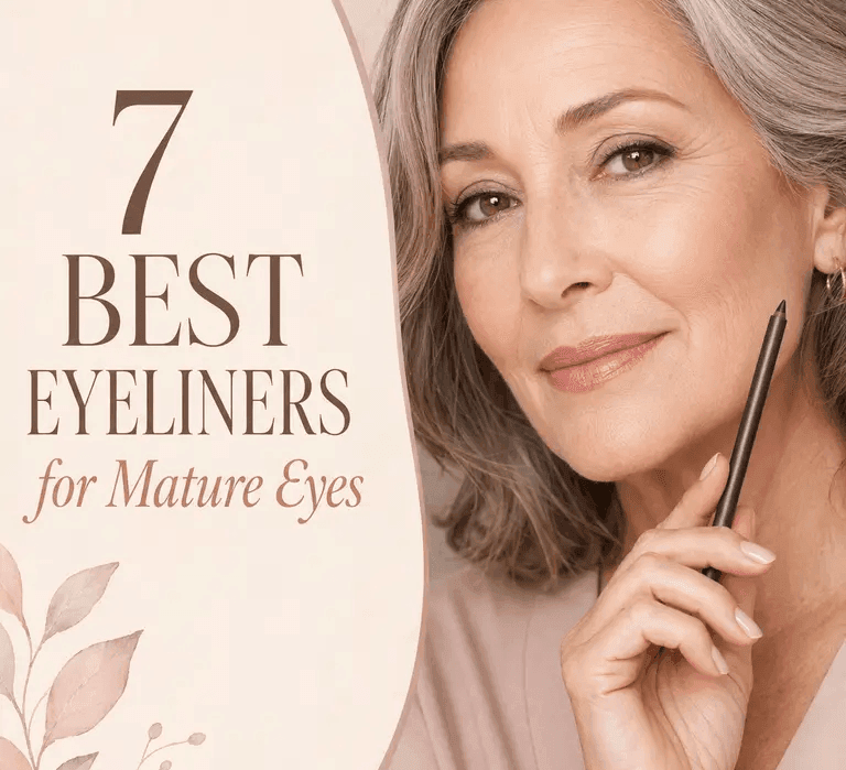 Featured image for seven best eyeliners for mature eyes with a woman over 50 holding a soft brown eyeliner pencil