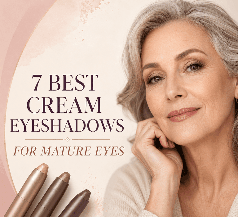 Featured image for seven cream eyeshadows for mature eyes, with a woman over 50 and neutral cream shadow sticks