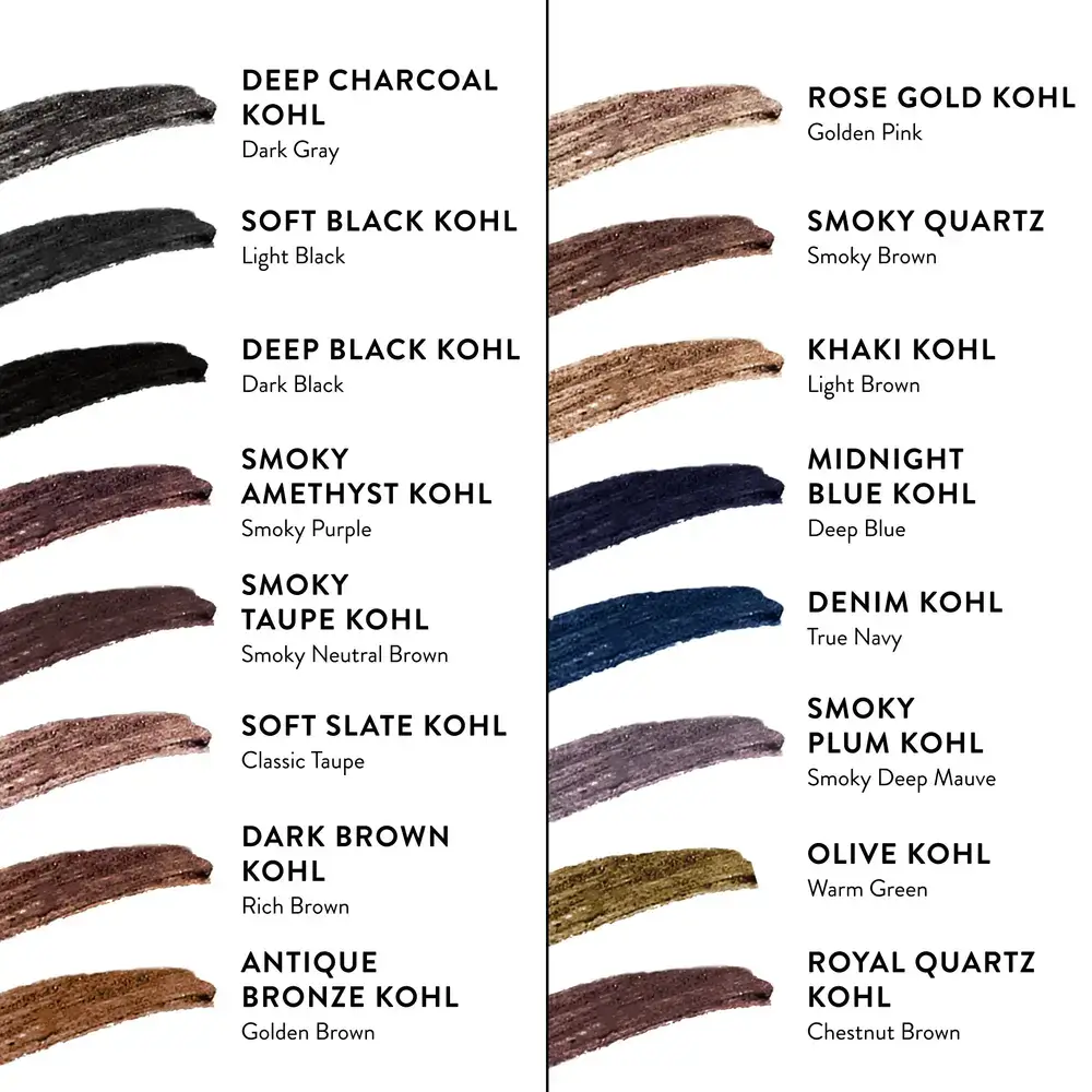 Laura Geller Kajal Longwear Eyeliner shade swatches including brown, charcoal, plum, taupe and navy