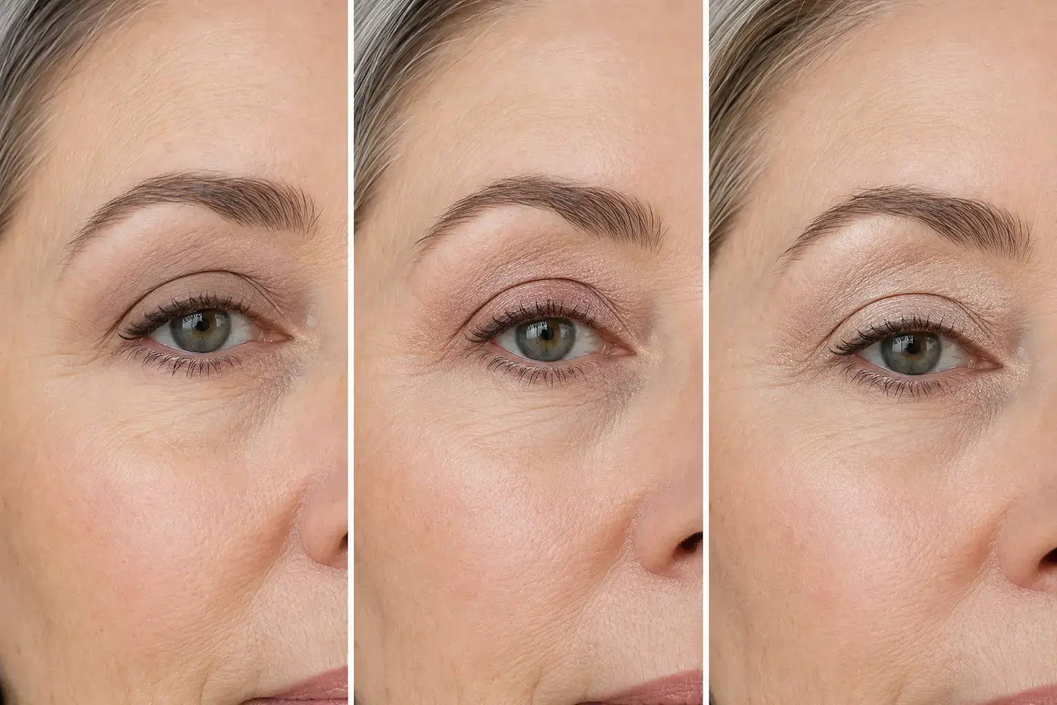 Matte, satin and soft shimmer cream eyeshadow finishes on mature eyes
