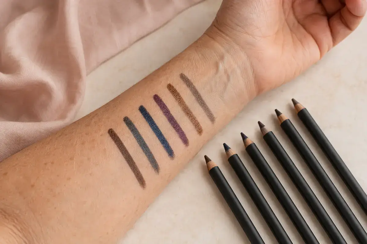 Soft brown, charcoal, navy, plum, bronze and taupe eyeliner swatches on mature skin