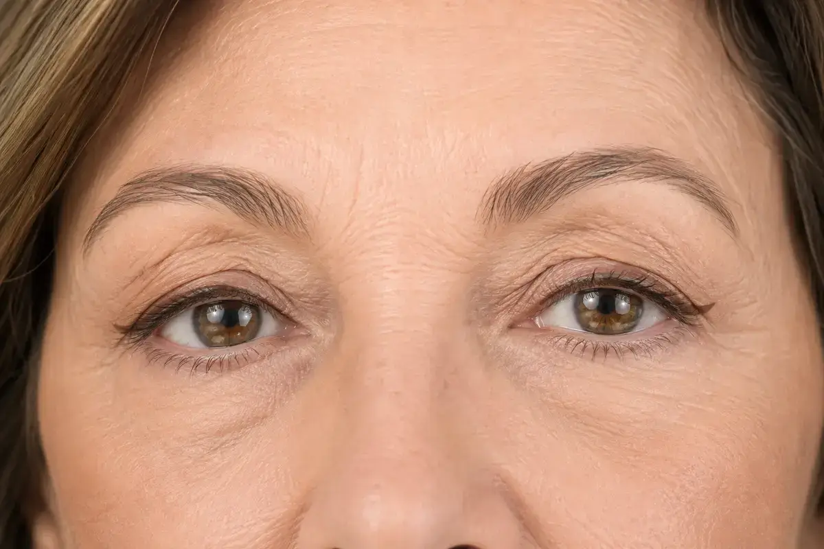 Thin soft brown eyeliner placement on open mature hooded eyes