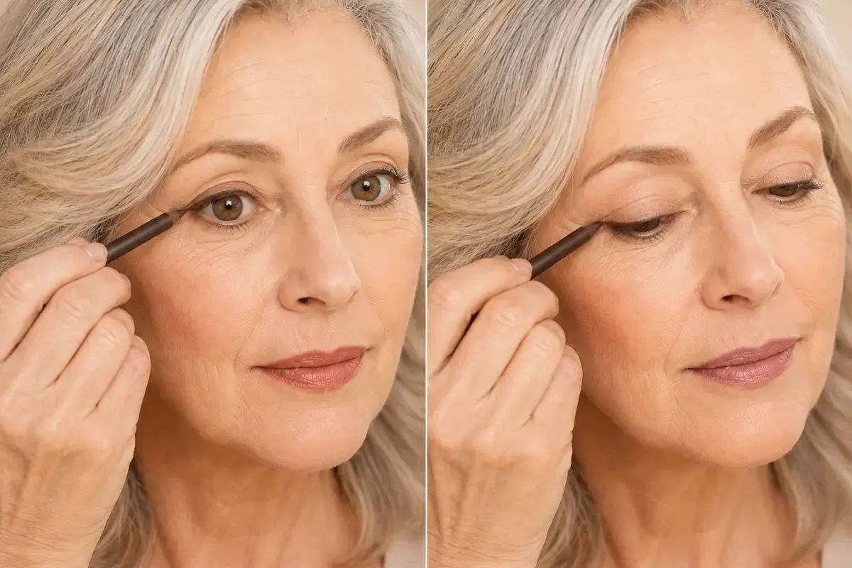 Two-panel close-up showing eyeliner placement on an open and lowered hooded mature eye