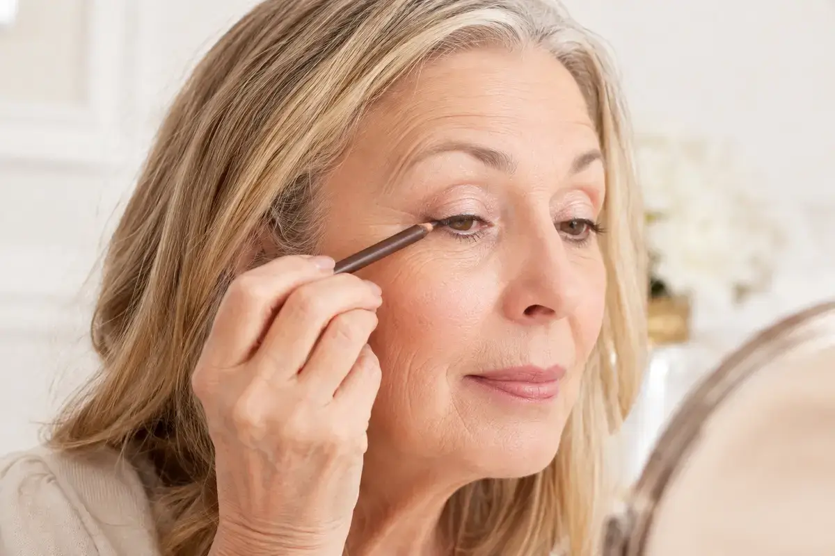 Woman over 50 applying soft brown eyeliner in short strokes along the upper lashes