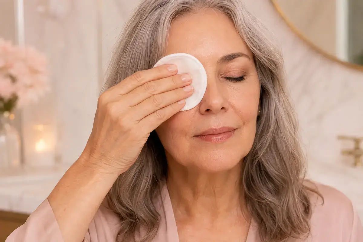 Woman over 50 gently pressing a reusable pad over one eye to remove waterproof eyeliner