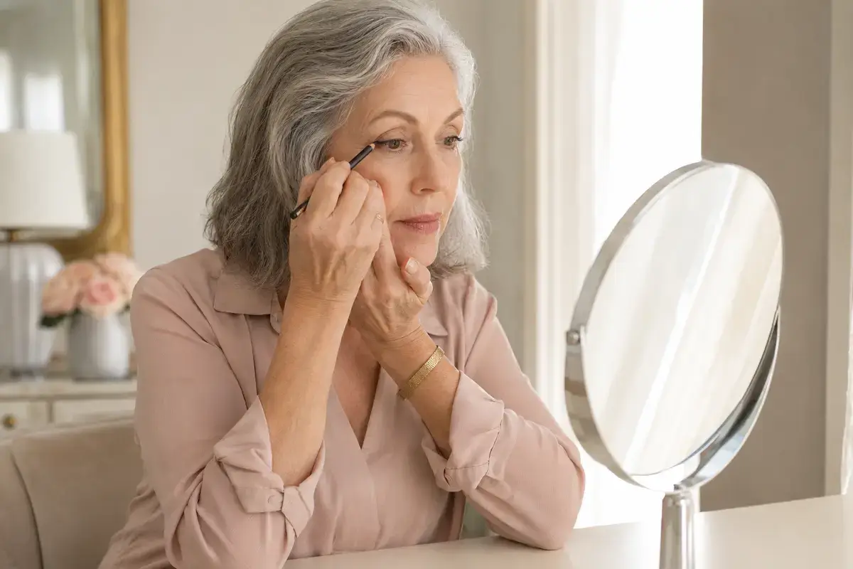 Woman over 50 supporting her elbow while applying eyeliner with a steady hand