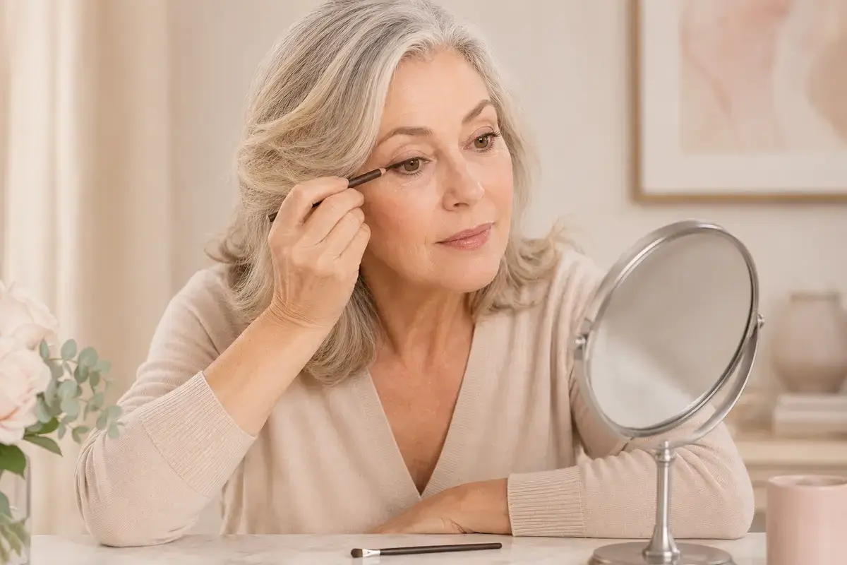Woman over 60 supporting her elbow while applying brown eyeliner at a dressing table