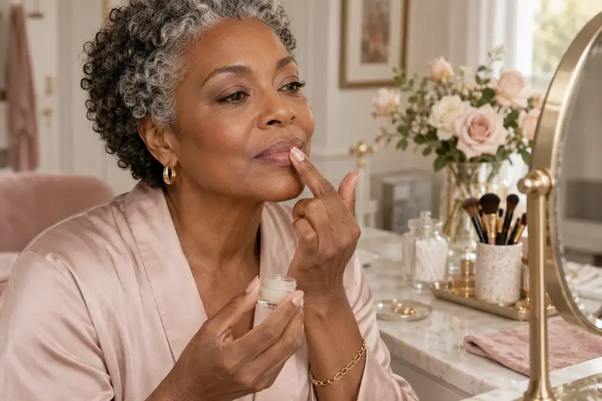 Black woman over 50 gently patting a small amount of clear balm onto mature lips before applying liner