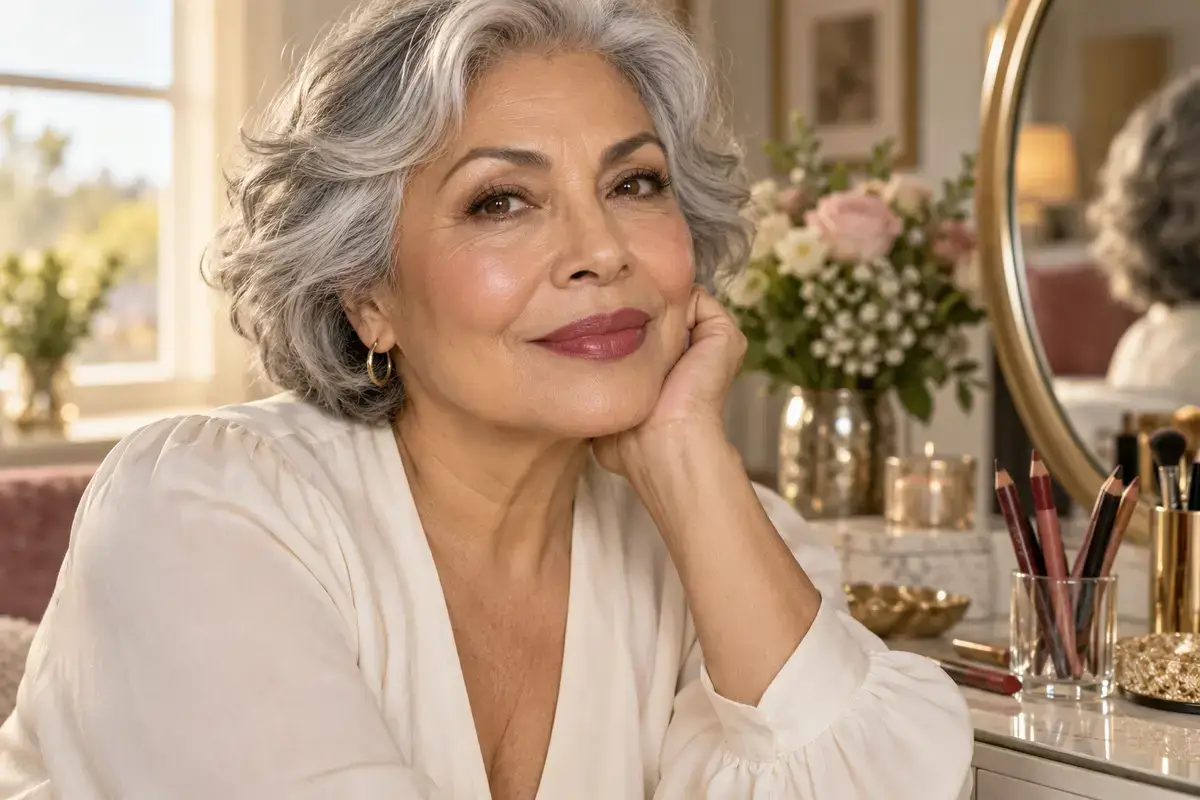 Latina woman in her late 60s wearing softly defined rose-berry lips and fresh natural makeup