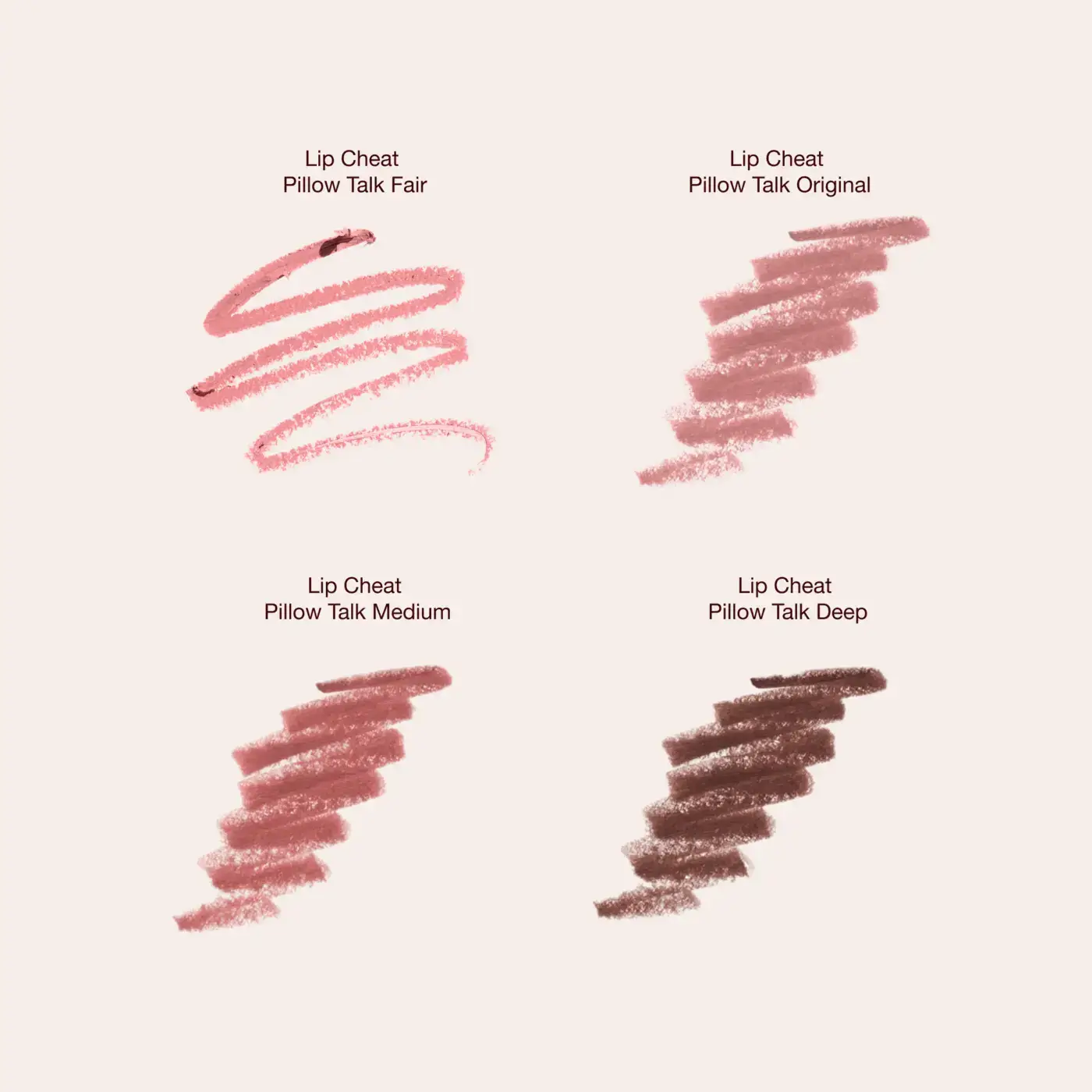 Official Charlotte Tilbury Lip Cheat pencils and swatches with shade names visible