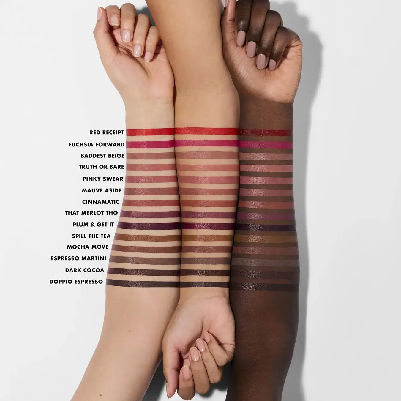 Official e.l.f. image showing Cream Glide lip liner swatches across several skin tones