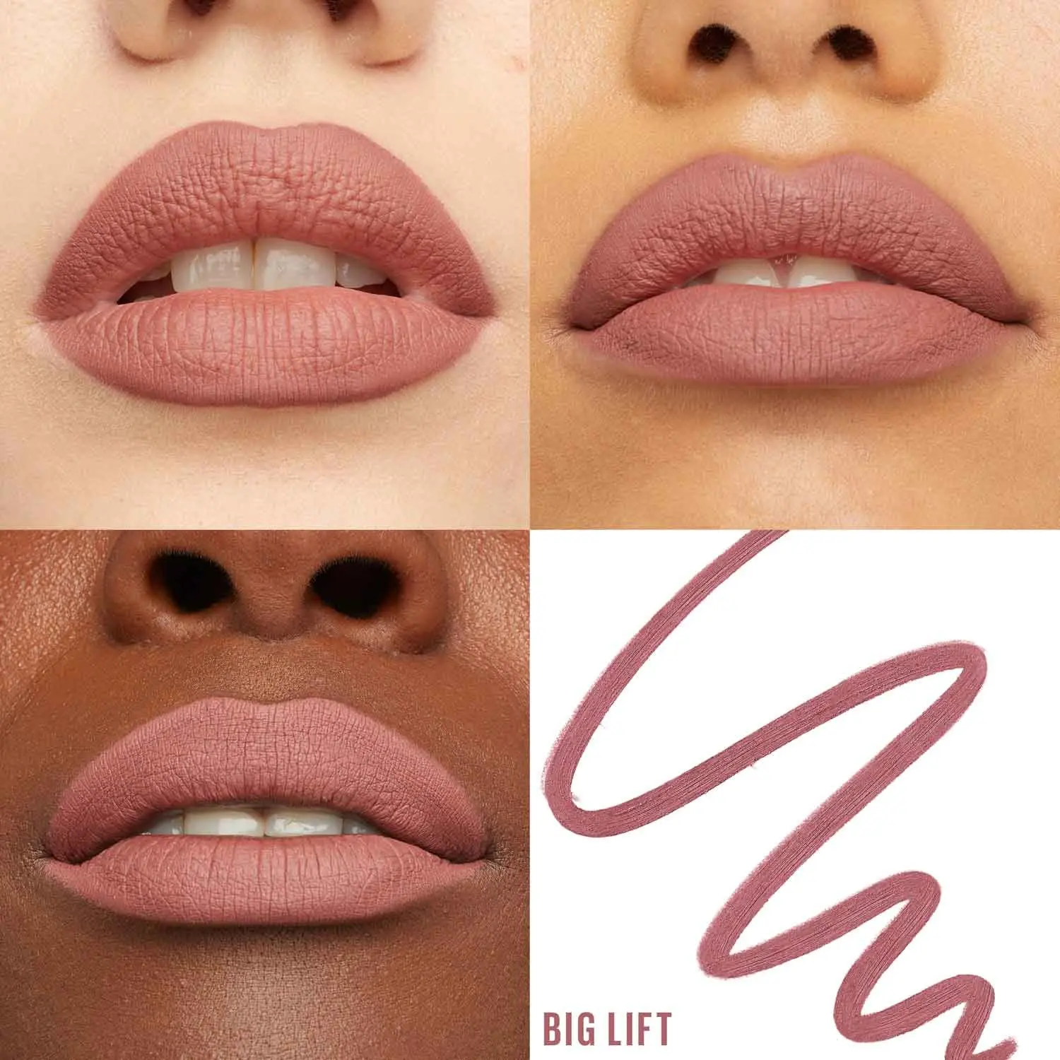 Official Maybelline shade card showing Big Lift lip liner on several skin tones with a swatch