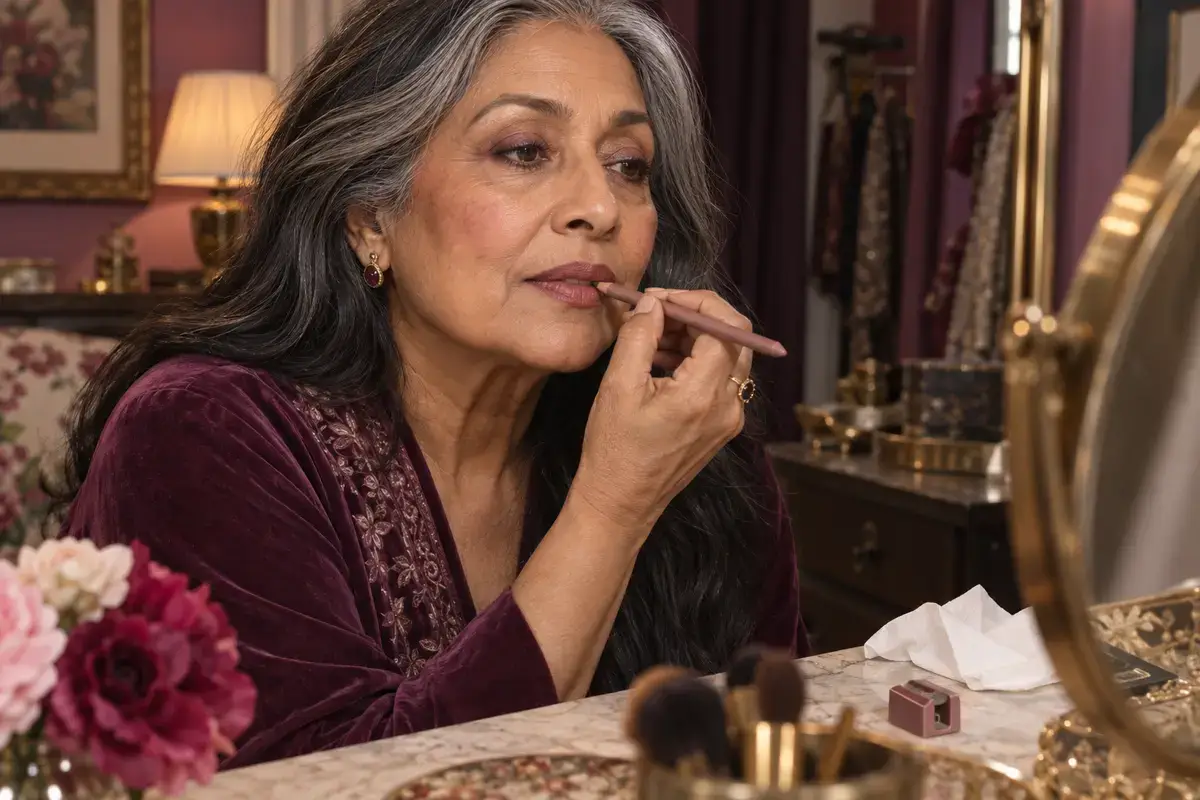 South Asian woman over 60 softly shading nude-mauve lip liner inward with the pencil held sideways