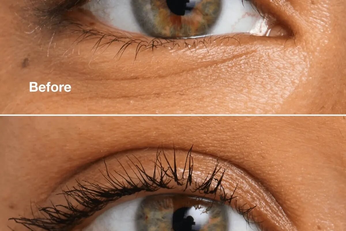 Before and after close-up showing softly lifted and defined mature lashes with mascara