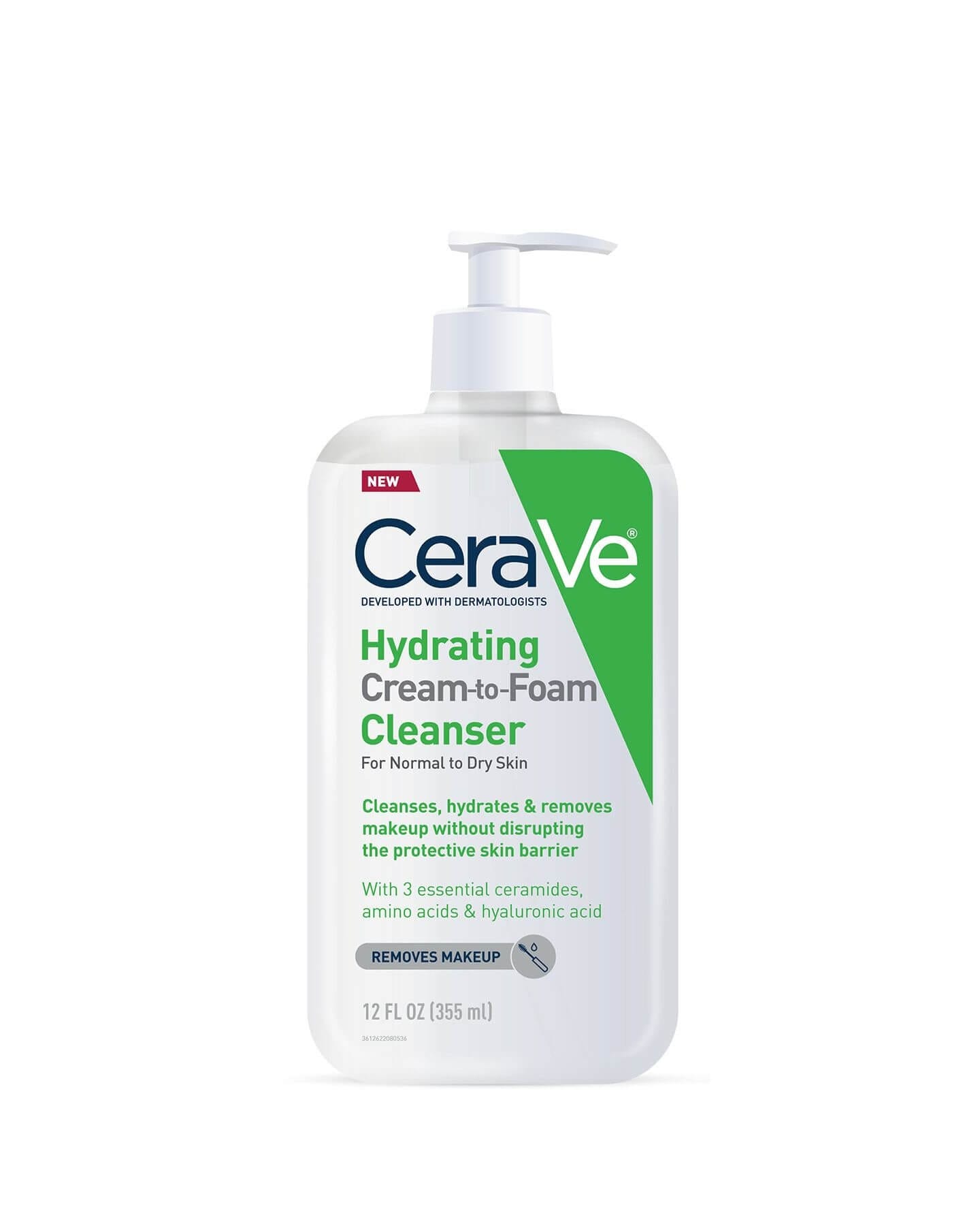 CeraVe Hydrating Cream-to-Foam Cleanser pump bottle with readable green label